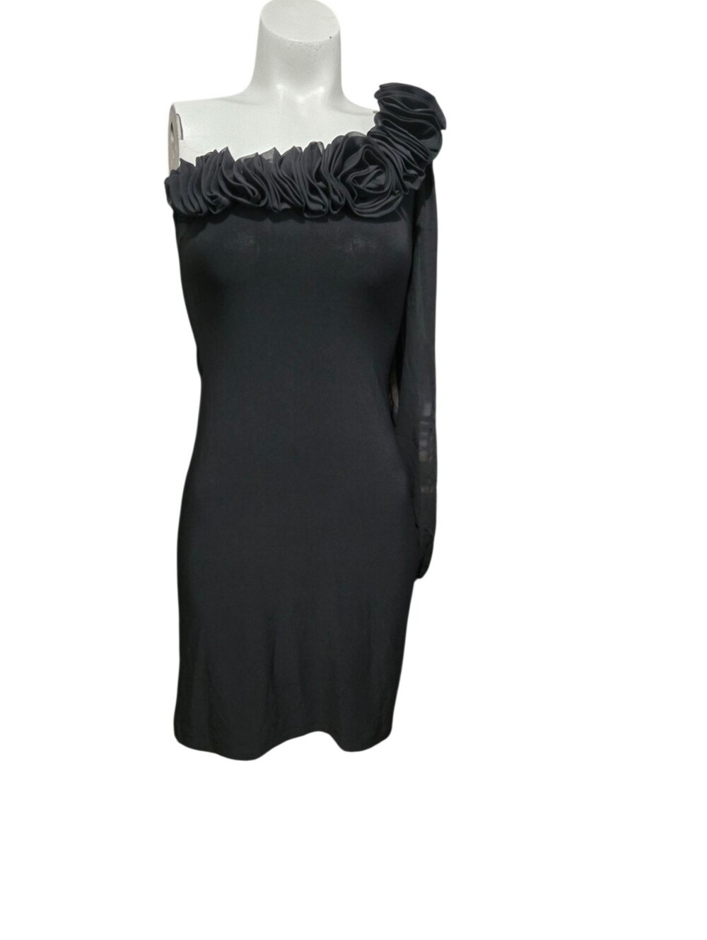 B. Smart Black One-Shoulder Floral Trim Dress